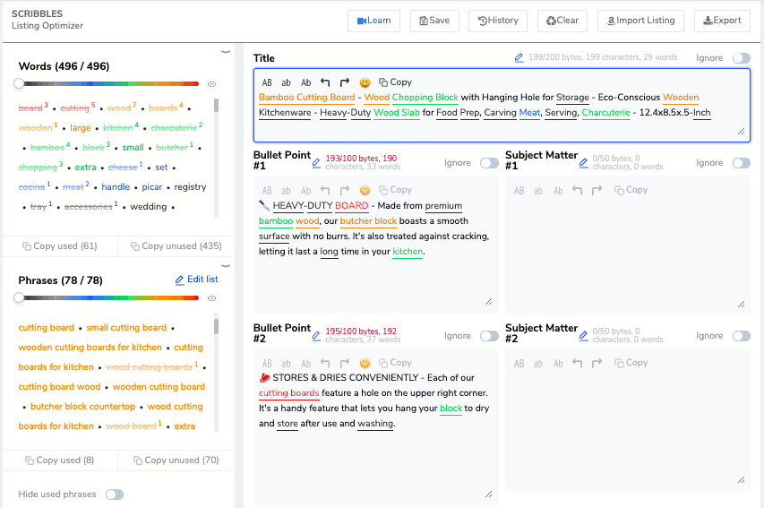 coloring up keywords and phrases on Scribbles