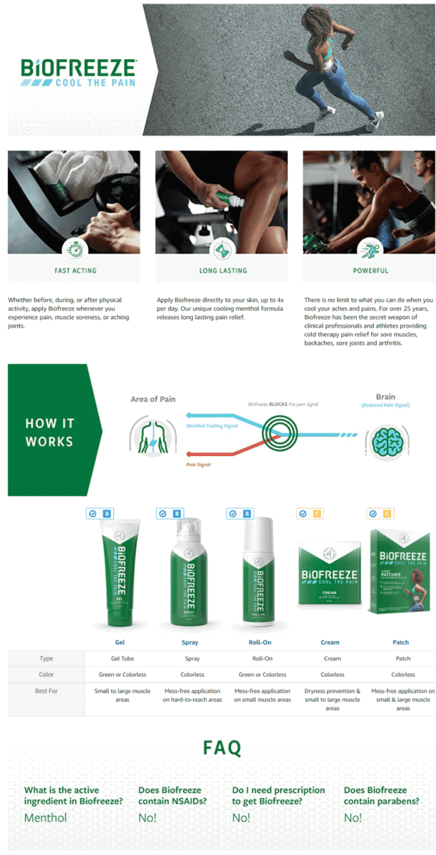 Biofreeze Pain Relief Cream Amazon Enhanced Brand Content Examples