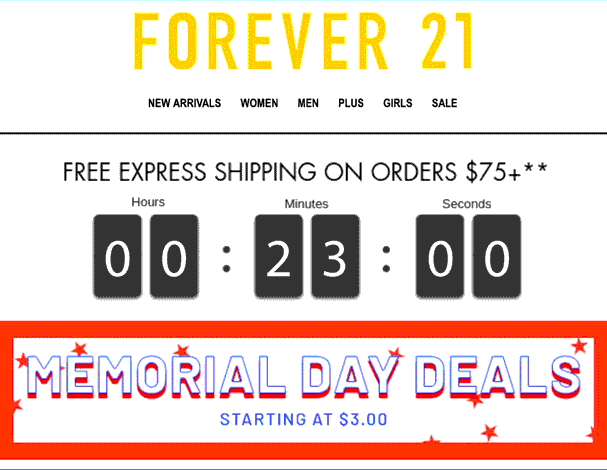 Forever 21 visitors time-sensitive deals landing page