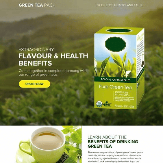 This green tea product landing page has a simple design with large