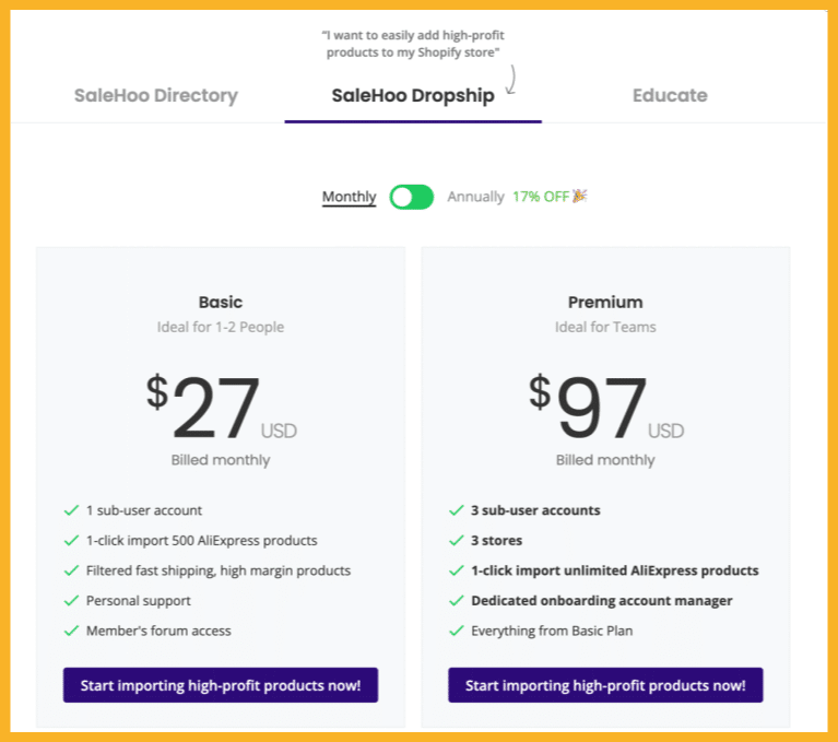 salehoo pricing plan