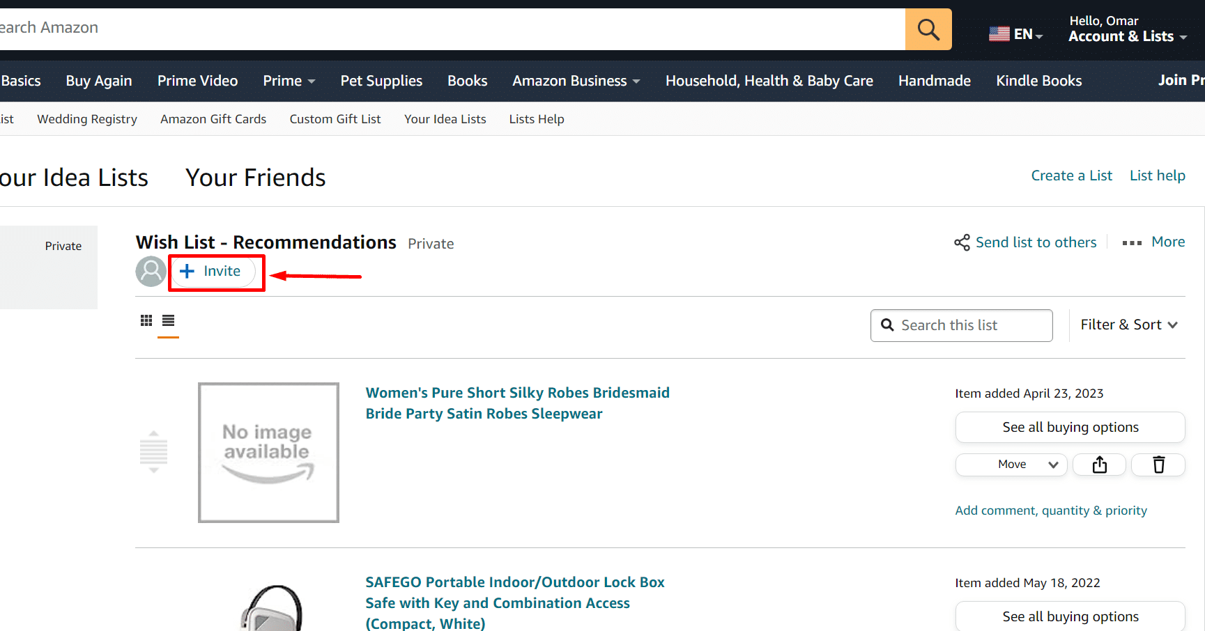 inviting someone to your list on amazon