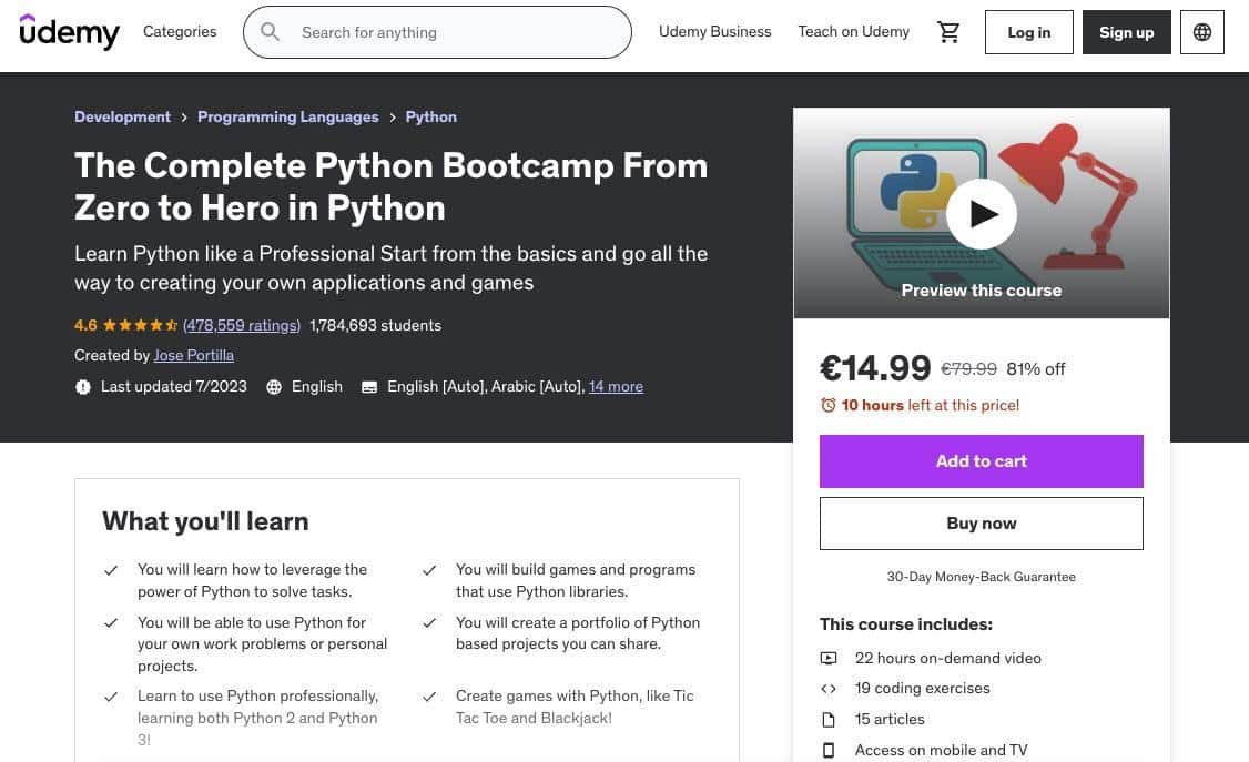 A popular Python course on Udemy that has been seen by almost 2 million students from around the world.