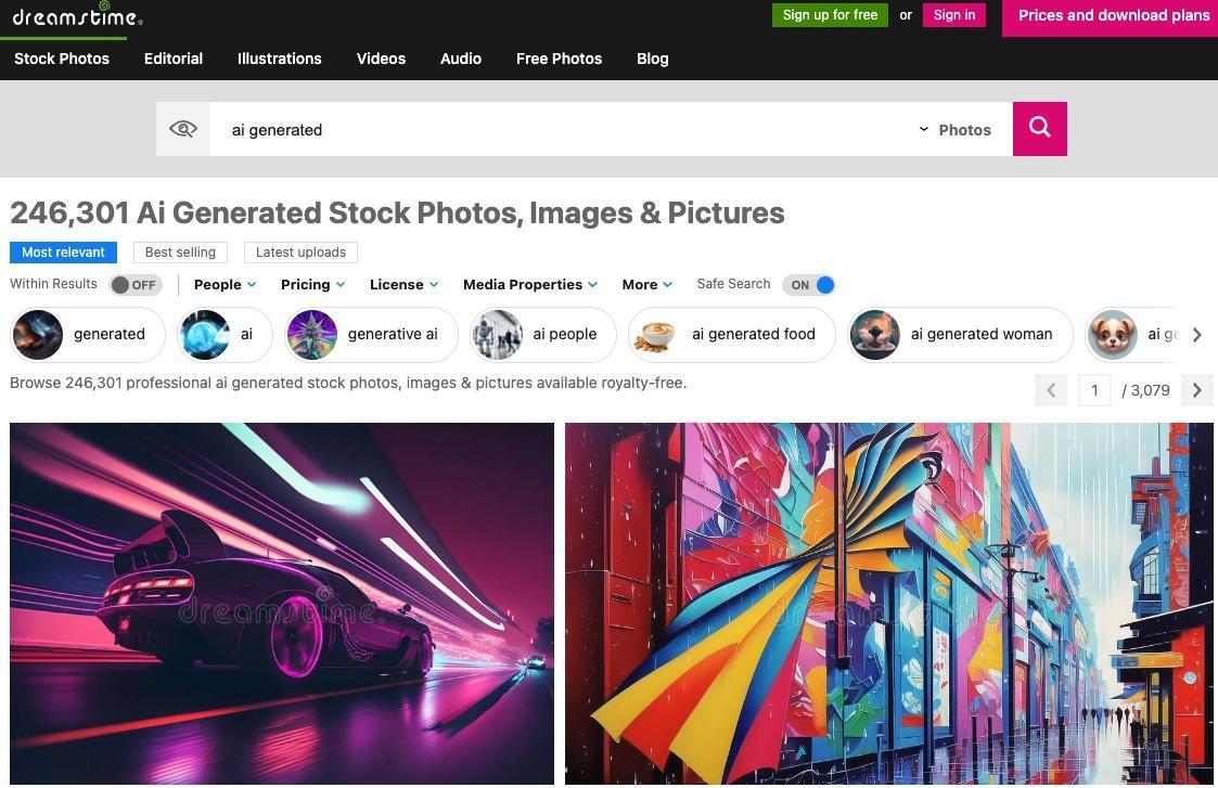 AI-generated stock images on Dreamstime, an online royalty-free microstock provider.