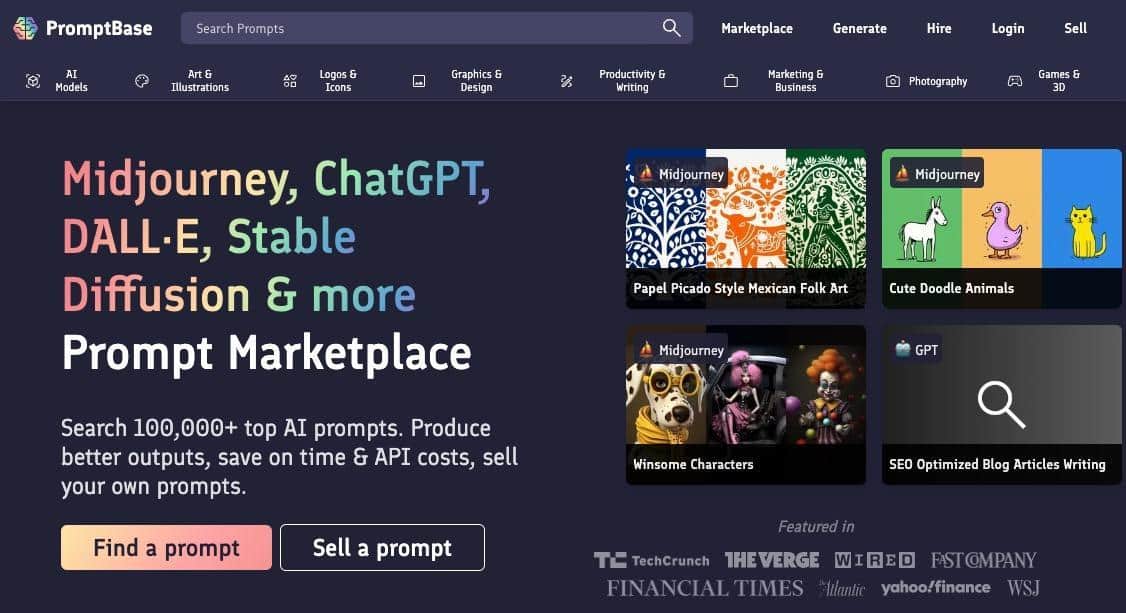 The main page of PropmtBase, the most popular prompt marketplace today.