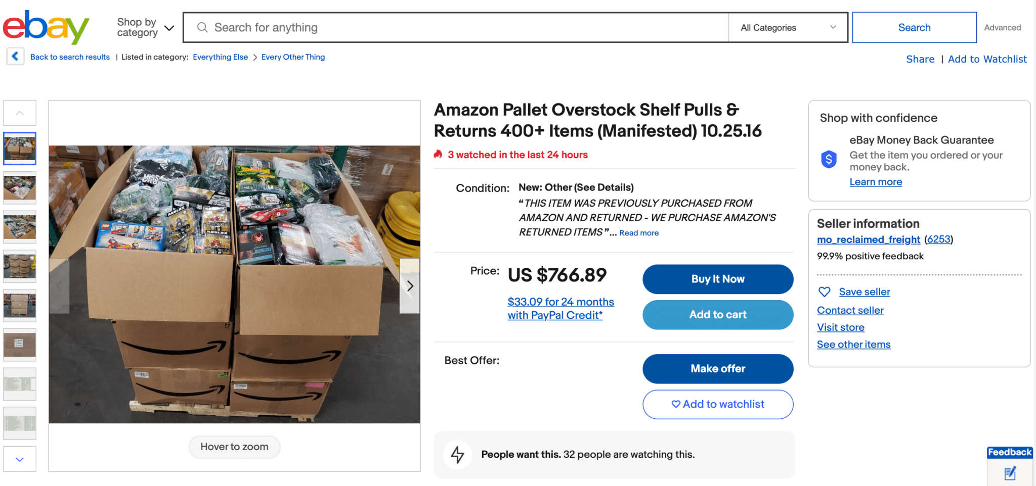 Screenshot of an Amazon return pallet listing on eBay