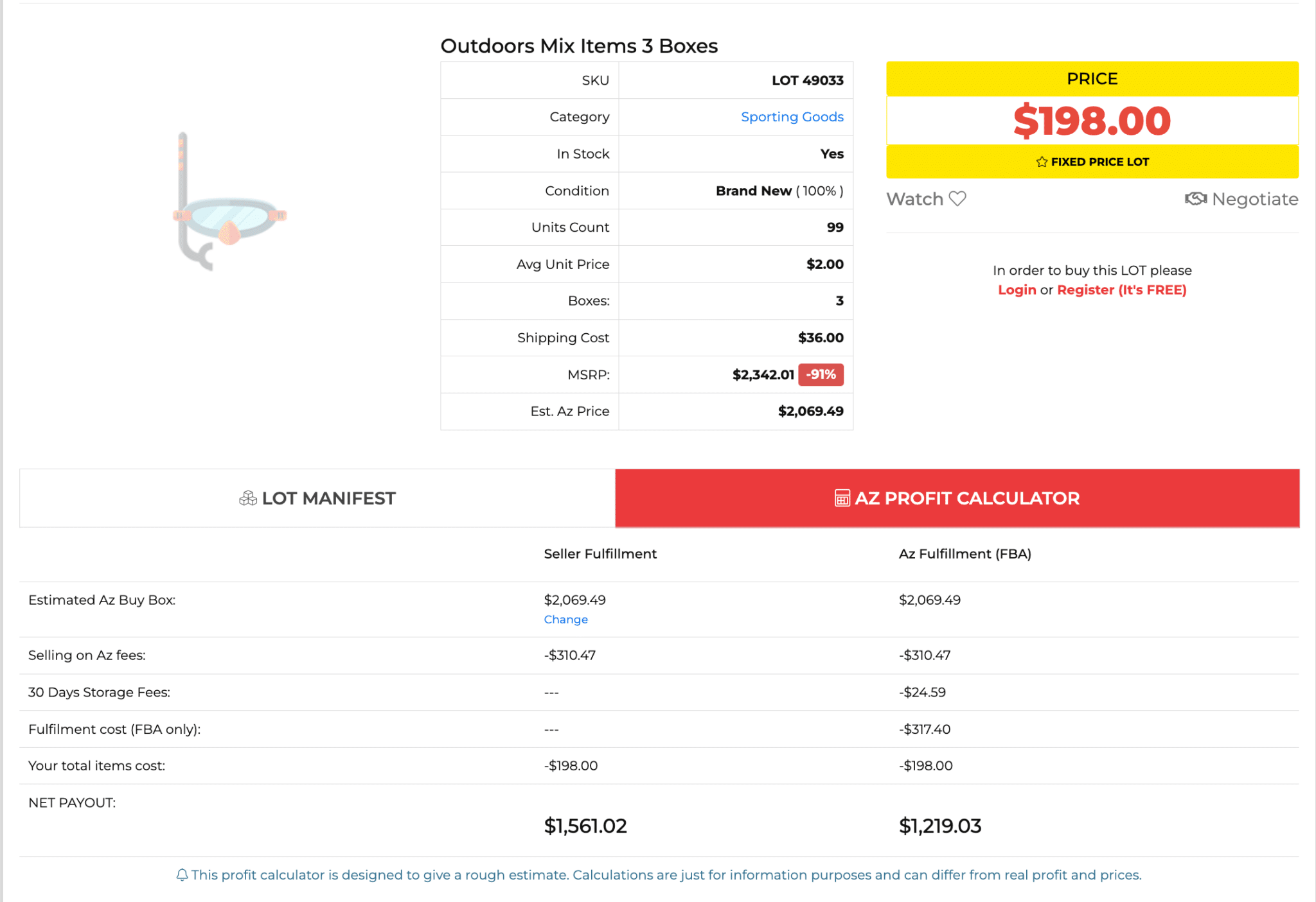 Screenshot of an Amazon return pallet listing on 888Lots.com