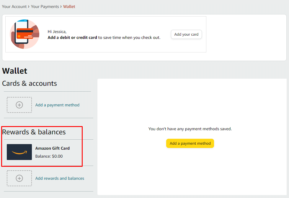 Amazon Gift Card under Rewards & Balances