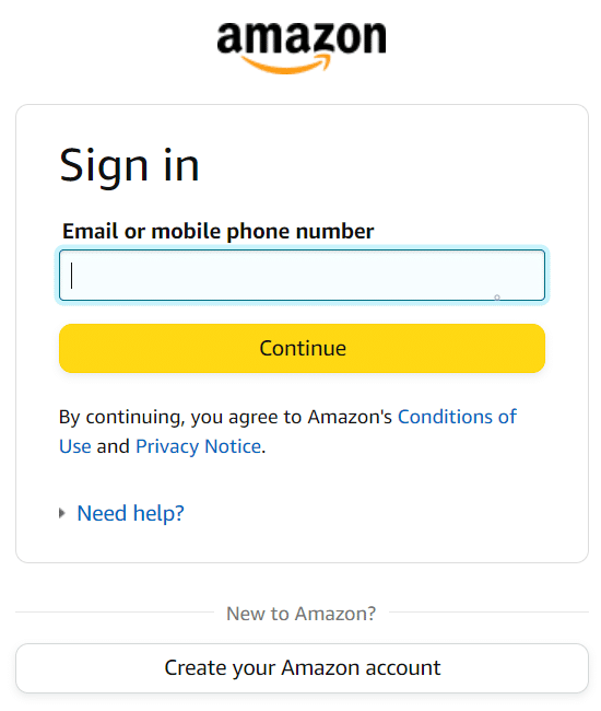 amazon login page