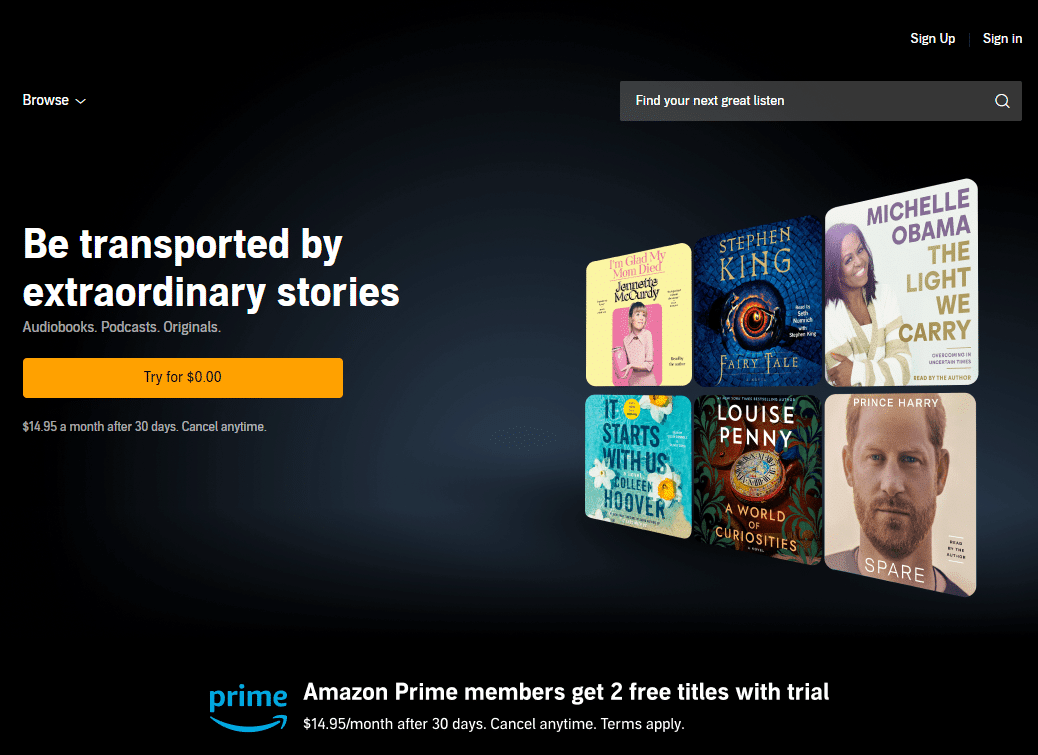 Audible homepage