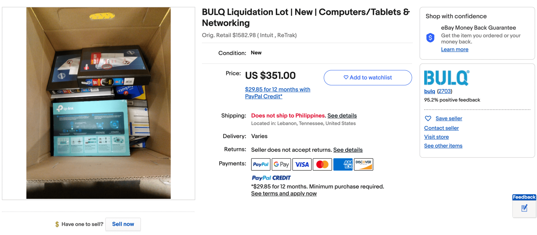 Screenshot of a return pallet listing on BULQ's eBay store