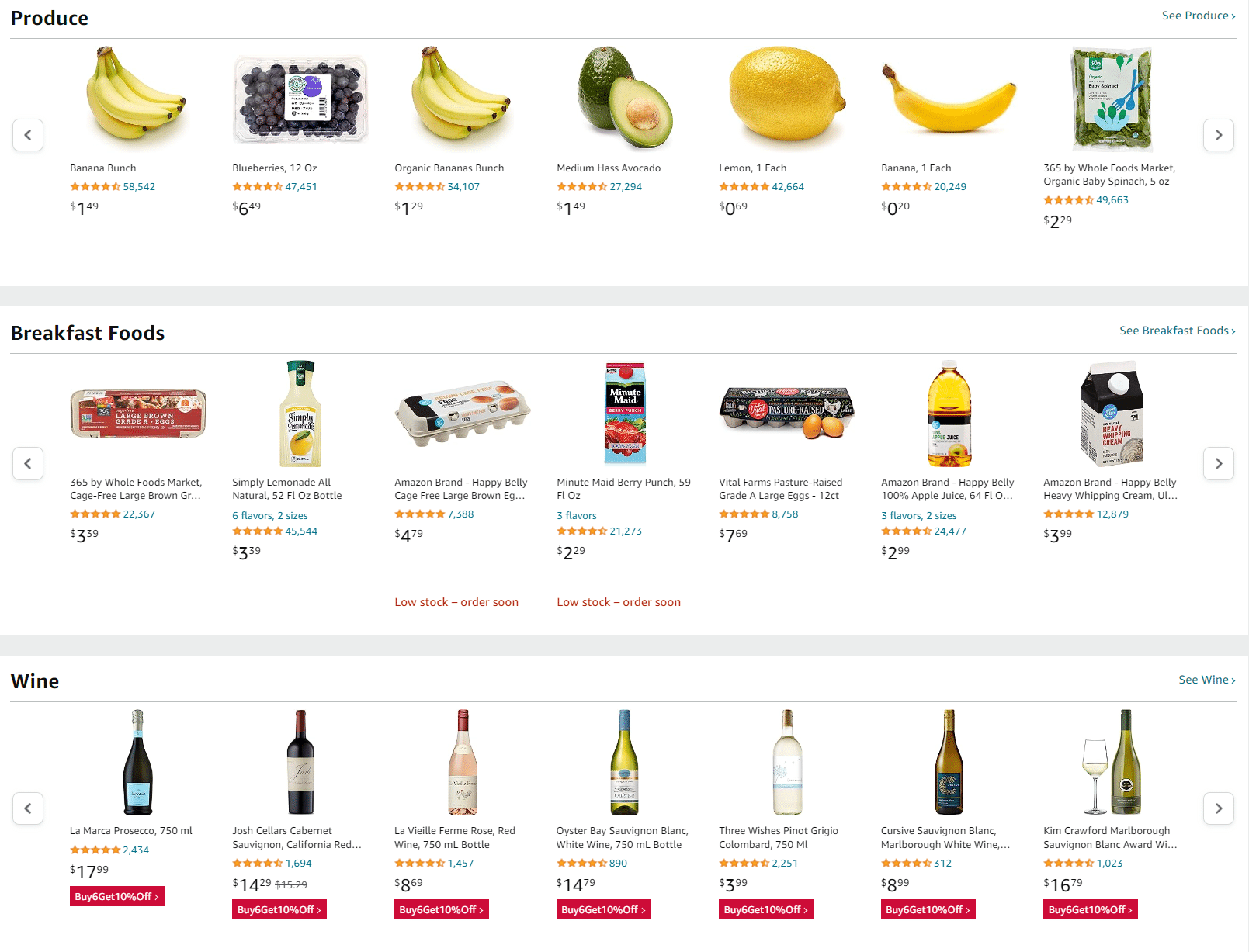 Amazon Fresh products - produce, breakfast foods, wine