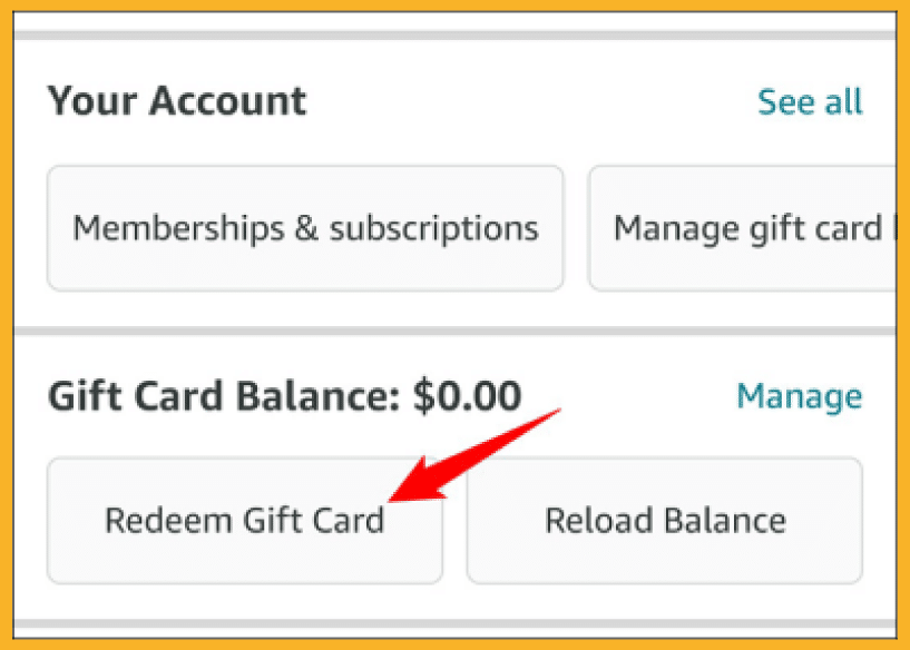 choose between the Redeem Gift Card or Reload Balance