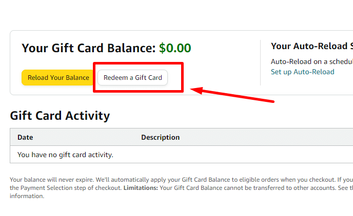 redeem a gift card button