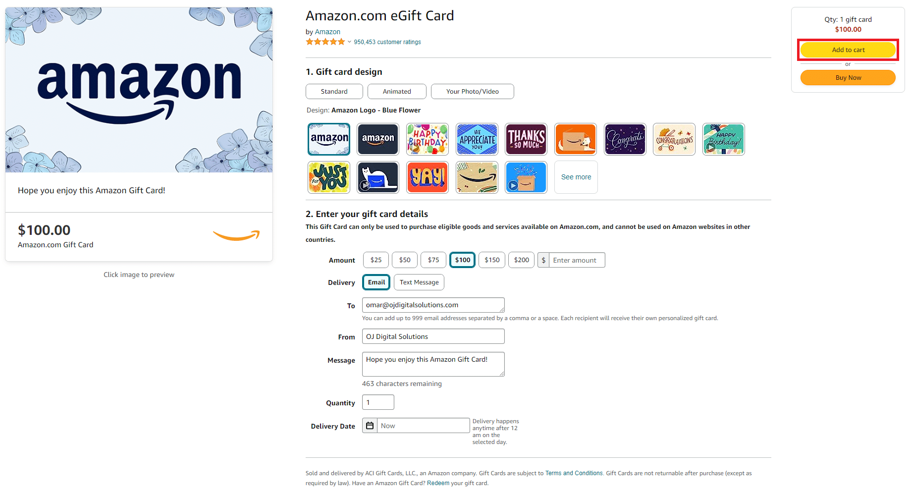 Amazon eGift card page Add to cart