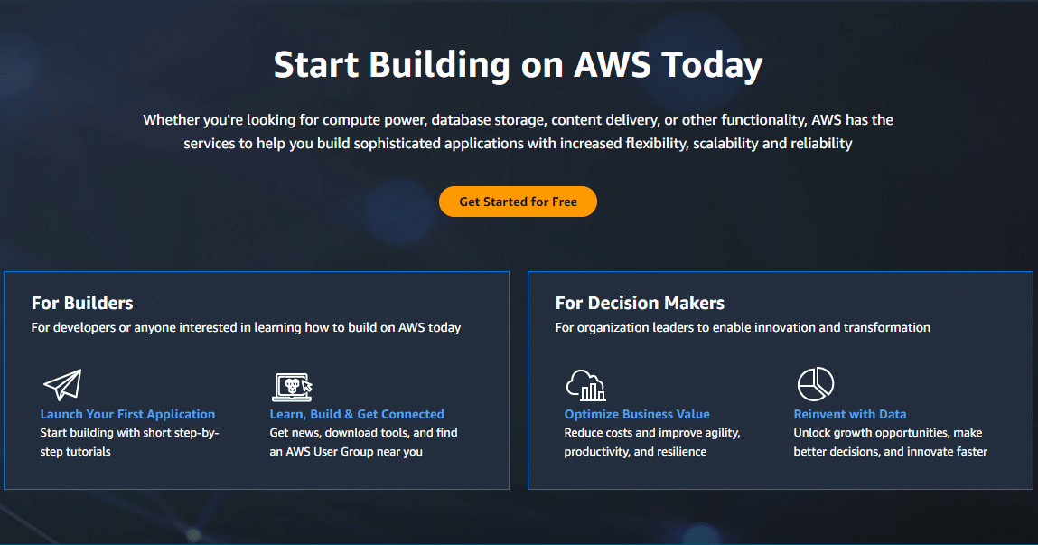 Amazon Website Services homepage