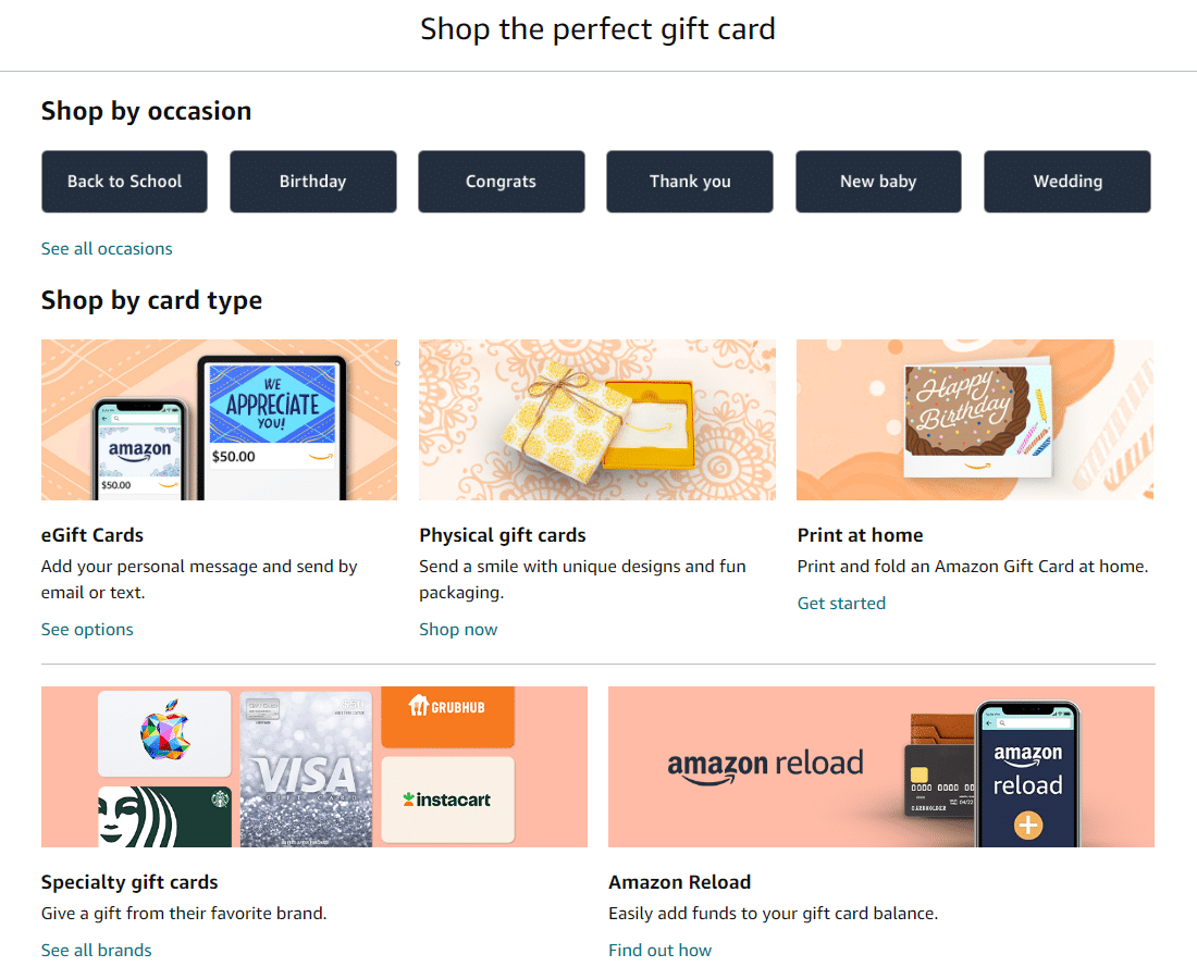 Amazon gift card page