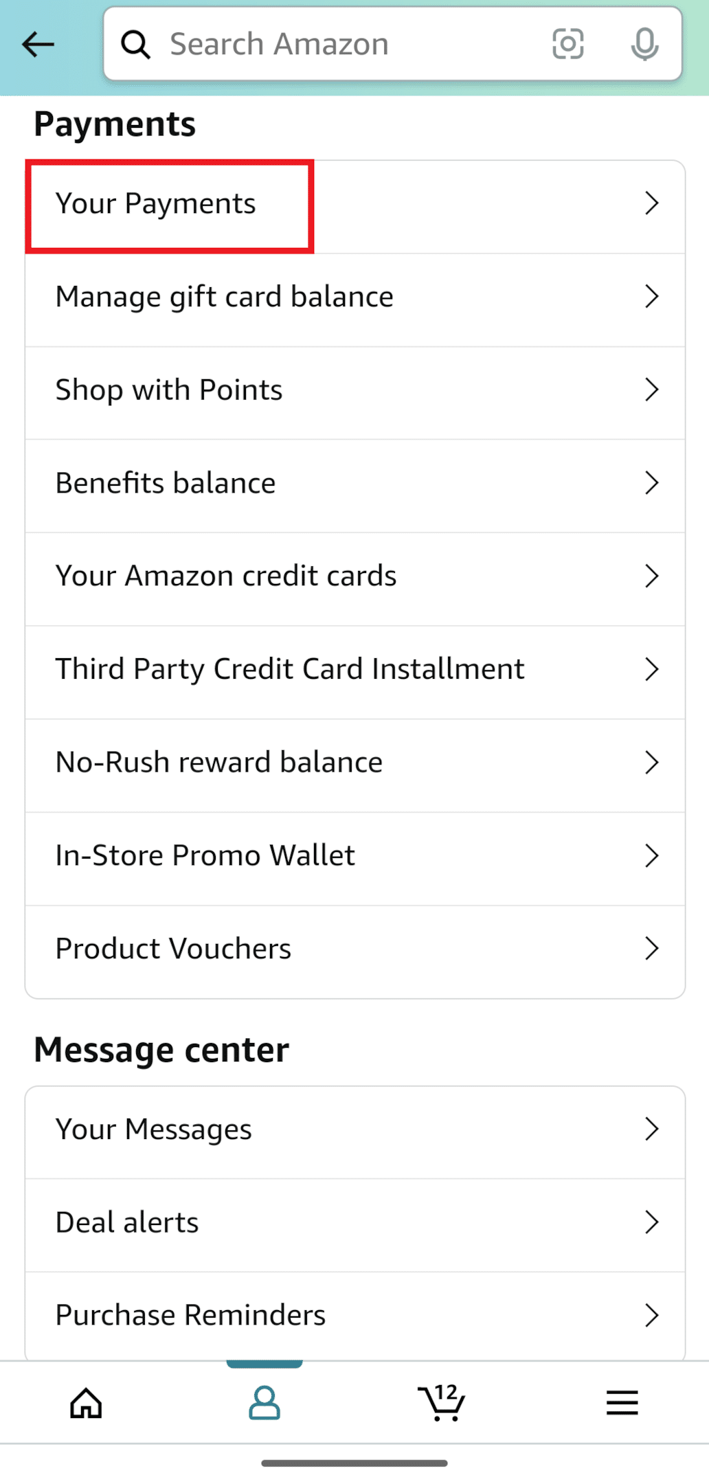 Amazon app Your Payments