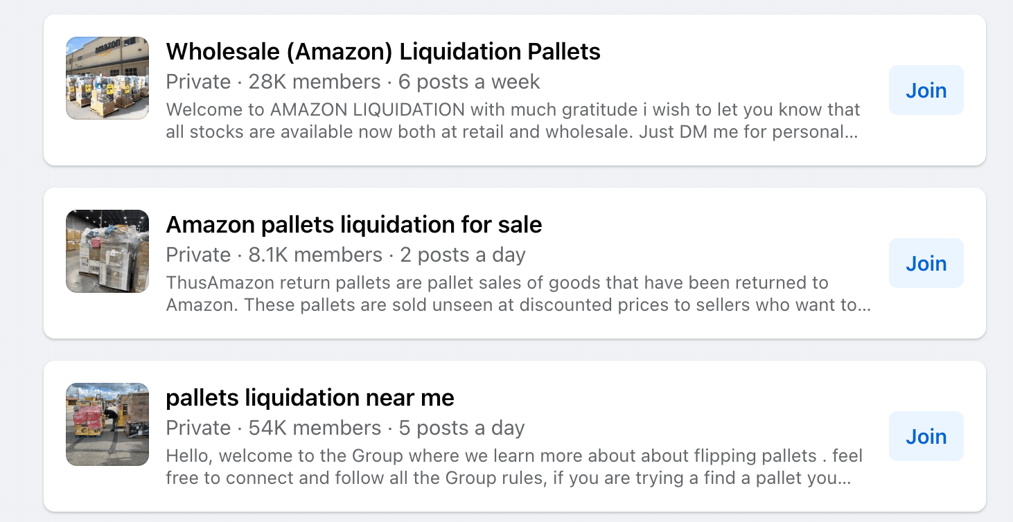 Liquidation and Amazon return pallet groups on Facebook