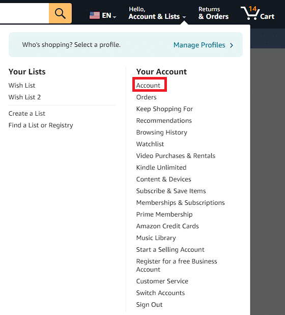 Amazon Your Account menu